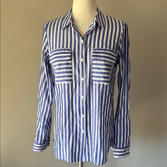 Express women’s blue and White Striped Button-Up Shirt 2 pockets tab sleeves S - Picture 1 of 14